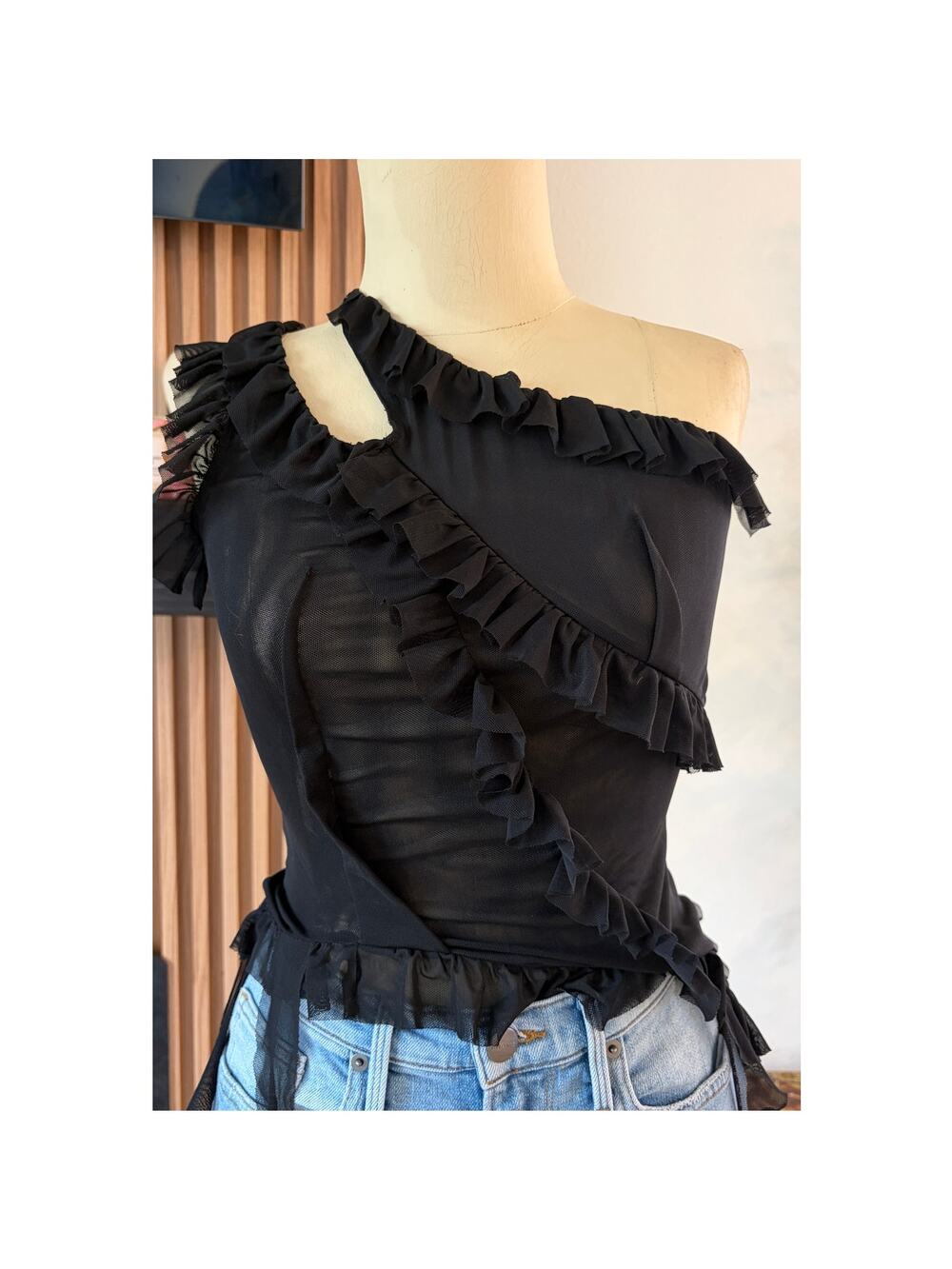 Finesse Black One Shoulder Mesh Ruffle Top Size S Asymmetrical Sheer Y2K